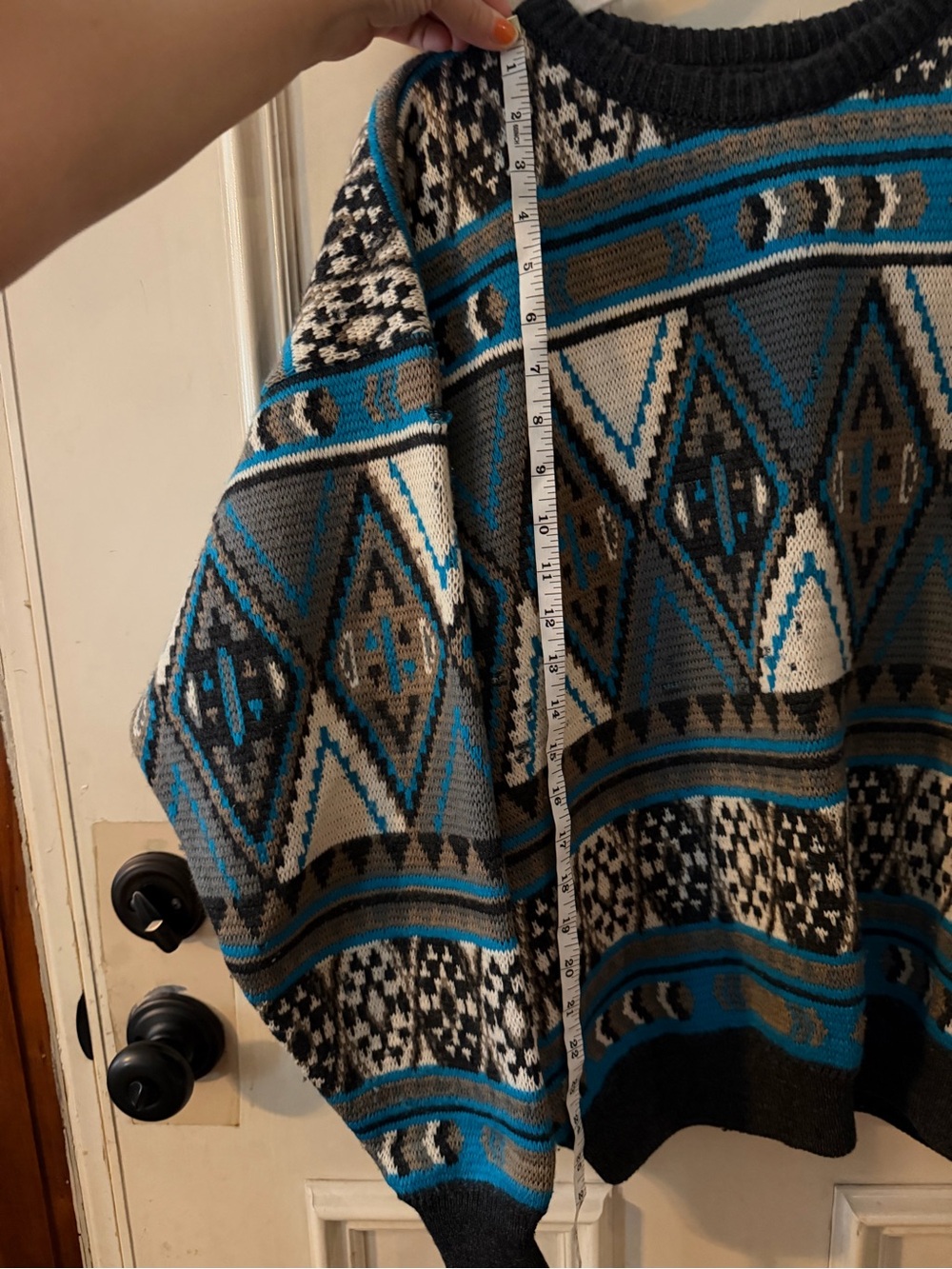 RARE-Pre-1987 Cuggi/Coogi Men's Geometric Pattern Crewneck Sweater - Blue & Gray - Picture 4 of 13